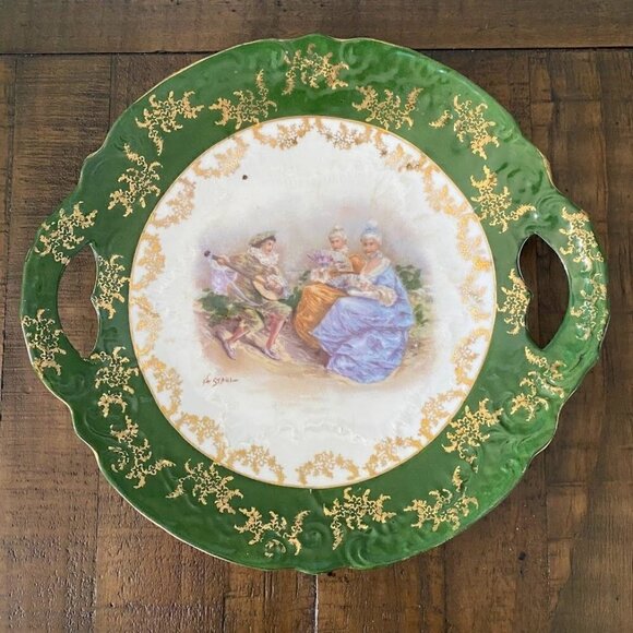 VICTORIA CARLSBAD Austria Plate with Handles Green Gold Gilt - Picture 1 of 7